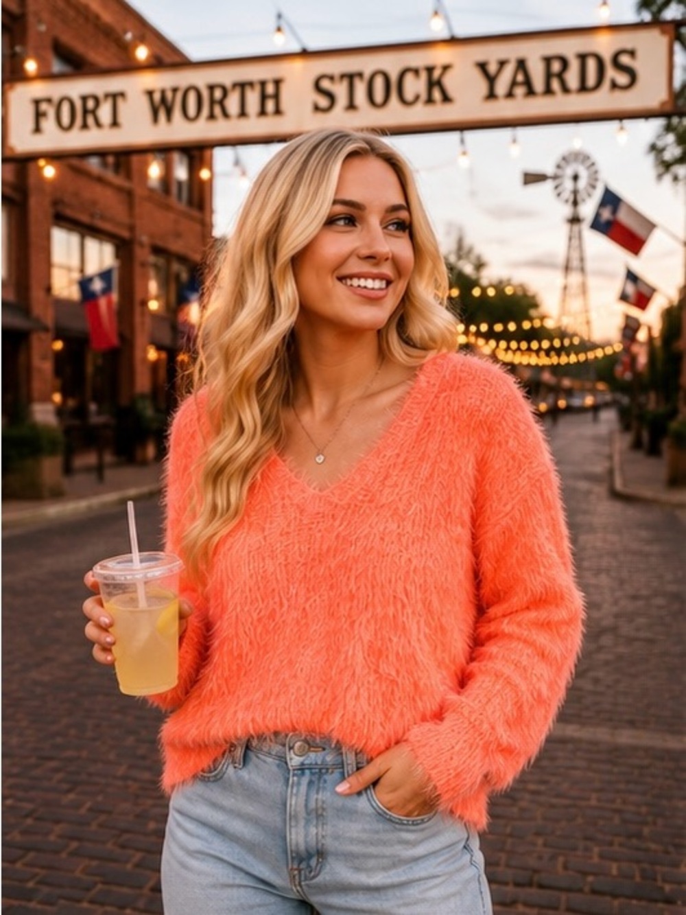 Freshman 1996 Fuzzy Eyelash Knit Sweater Neon Coral Orange Medium